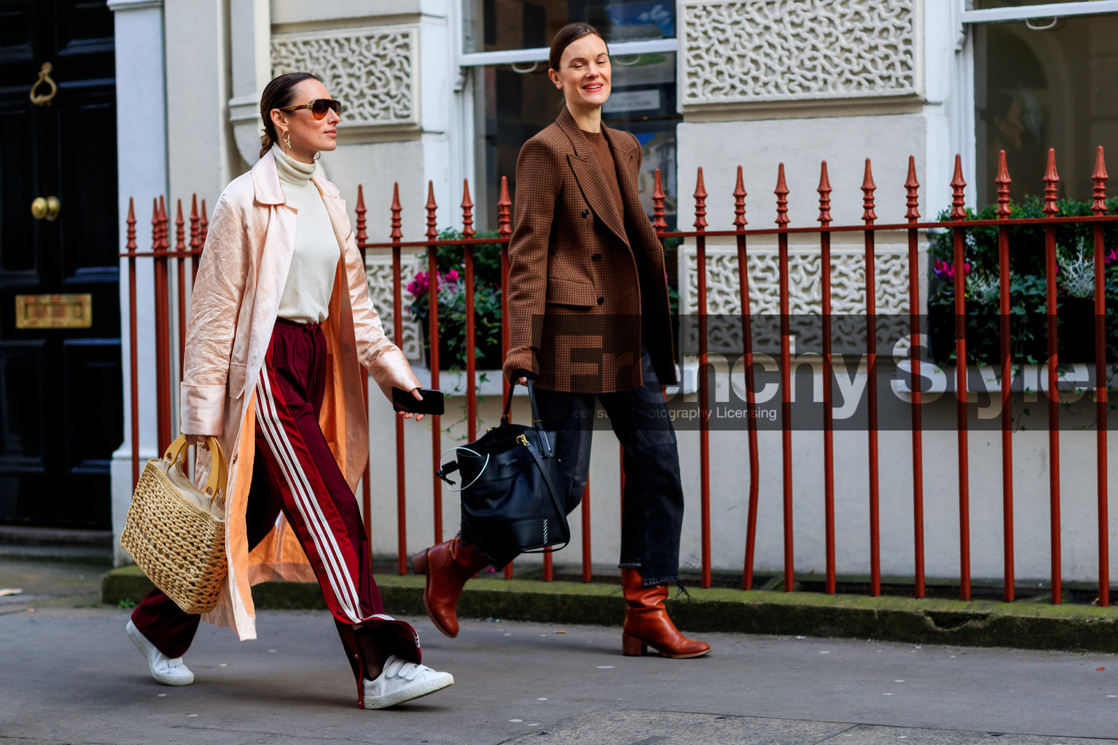 adidas, beige bag, black bag, black denim, blazer, bordeaux, brown boots, brown jacket, burgundy, denim pants, earrings, graphic pants, jeans, leather bag, leather shoes, pink coat, printed pants, red pants, straw bag, stripes, sunglasses, sweatpants, trousers, white sneakers, white sweater, fashion week, frenchystyle, FW, jonathan paciullo, street style, LFW, LONDON, AUTUMN WINTER 2018-2019, AW 18-19, FALL WINTER 2018-2019, FW 18-19, horizontal, atmosphere details, full length, jo ellison, flora macdonald johnston