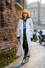 adidas, AUTUMN WINTER 2017-2018, AW 17-18, black sweater, FALL WINTER 2017-2018, fashion week, frenchystyle, full length, FW, FW 17-18, high heels, hoodie, jonathan paciullo, leather shoes, MFW, MILAN, silver shoes, street style, tights, vertical, white coat, yellow cap