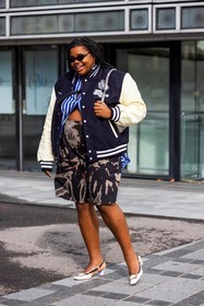 bermuda, black bermuda, black sunglasses, blue shirt, bomber, Gabriella Karefa Johnson, heels, printed bermuda, shirt, shorts, striped shirt, stripes, sunglasses, white bomber, white heels, fashion week, frenchystyle, FW, jonathan paciullo, street style, PFW, PARIS, SPRING SUMMER 2022, SS 22, vertical, full length