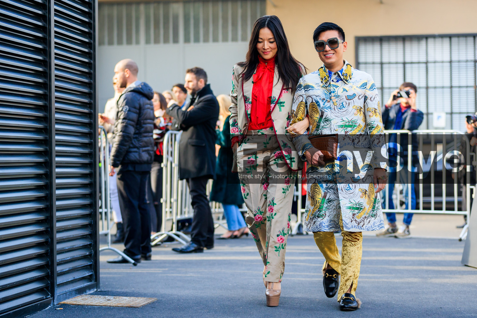 animal print, atmosphere details, AUTUMN WINTER 2017-2018, AW 17-18, beige jacket, beige pants, black loafers, black shoes, brian boy, brown bag, bryan boy, embroidered shirt, FALL WINTER 2017-2018, fashion week, floral, flower, frenchystyle, full length, fur shoes, FW, FW 17-18, gucci, high heels, horizontal, jonathan paciullo, leather bag, leather shoes, MFW, MILAN, nude shoes, printed jacket, printed pants, printed shirt, red shirt, rings, street style, sunglasses, tina leung, trousers