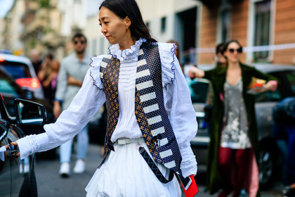 atmosphere details, detail, fashion week, frenchystyle, FW, graphic jacket, horizontal, jonathan paciullo, louis vuitton, MFW, MILAN, monogram, polka dot, printed jacket, shirt dress, sleeveless, SPRING SUMMER 2017, SS 17, street style, striped jacket, vest, white dress, white shirt