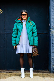 augustina marzari bobbio, AUTUMN WINTER 2017-2018, AW 17-18, brown bag, down jacket, FALL WINTER 2017-2018, fashion week, frenchystyle, full length, FW, FW 17-18, green jacket, grey dress, high heels, jonathan paciullo, leather backpack, leather bag, leather boots, louis vuitton, monogram, NEW YORK, NYFW, pleated dress, printed bag, street style, sunglasses, tights, vertical, white boots