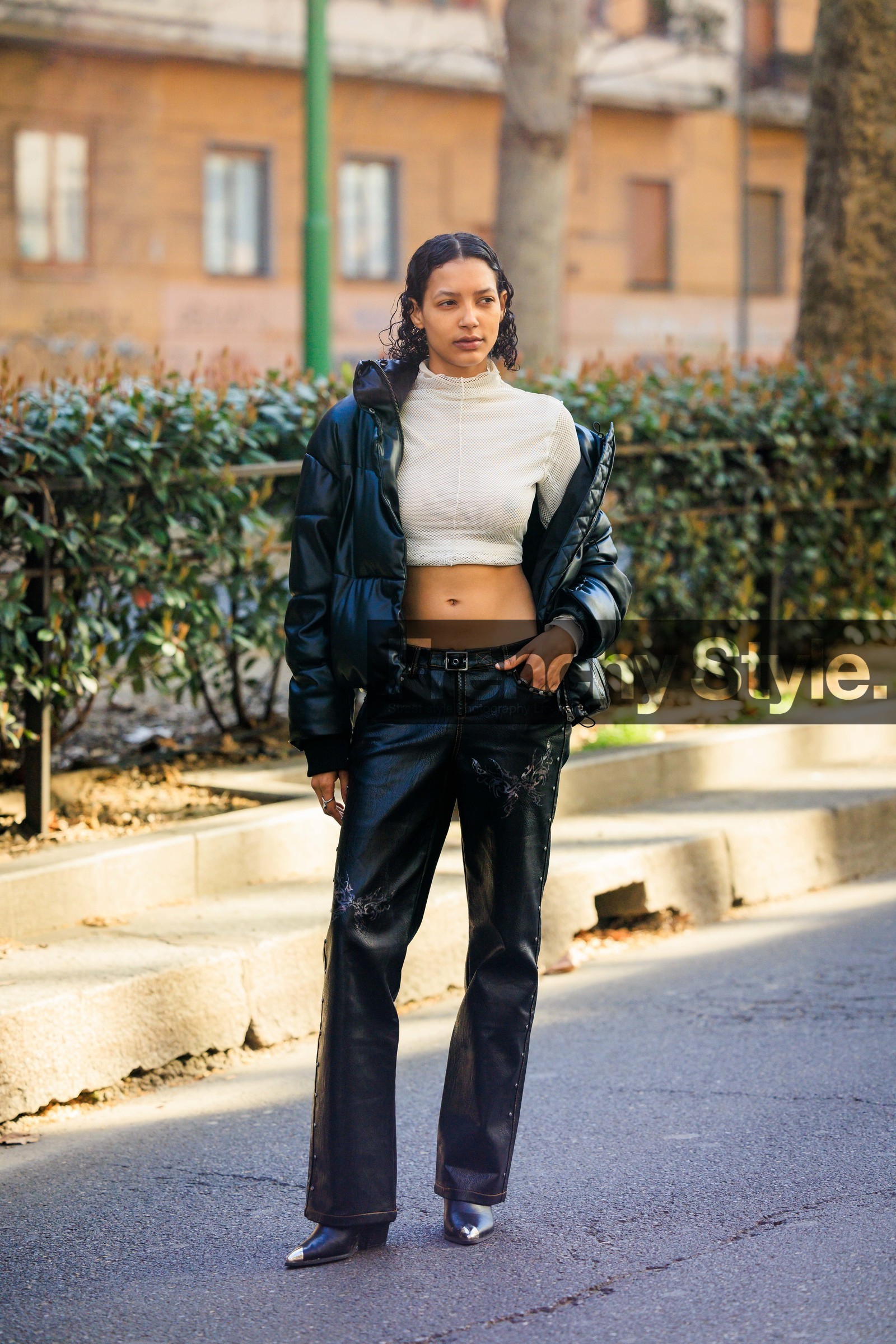 puffed jacket, black jacket, cropped top, white top, black pants, leather pants, black boots, leather boots, model, fashion week, frenchystyle, FW, jonathan paciullo, street style, vertical, full length