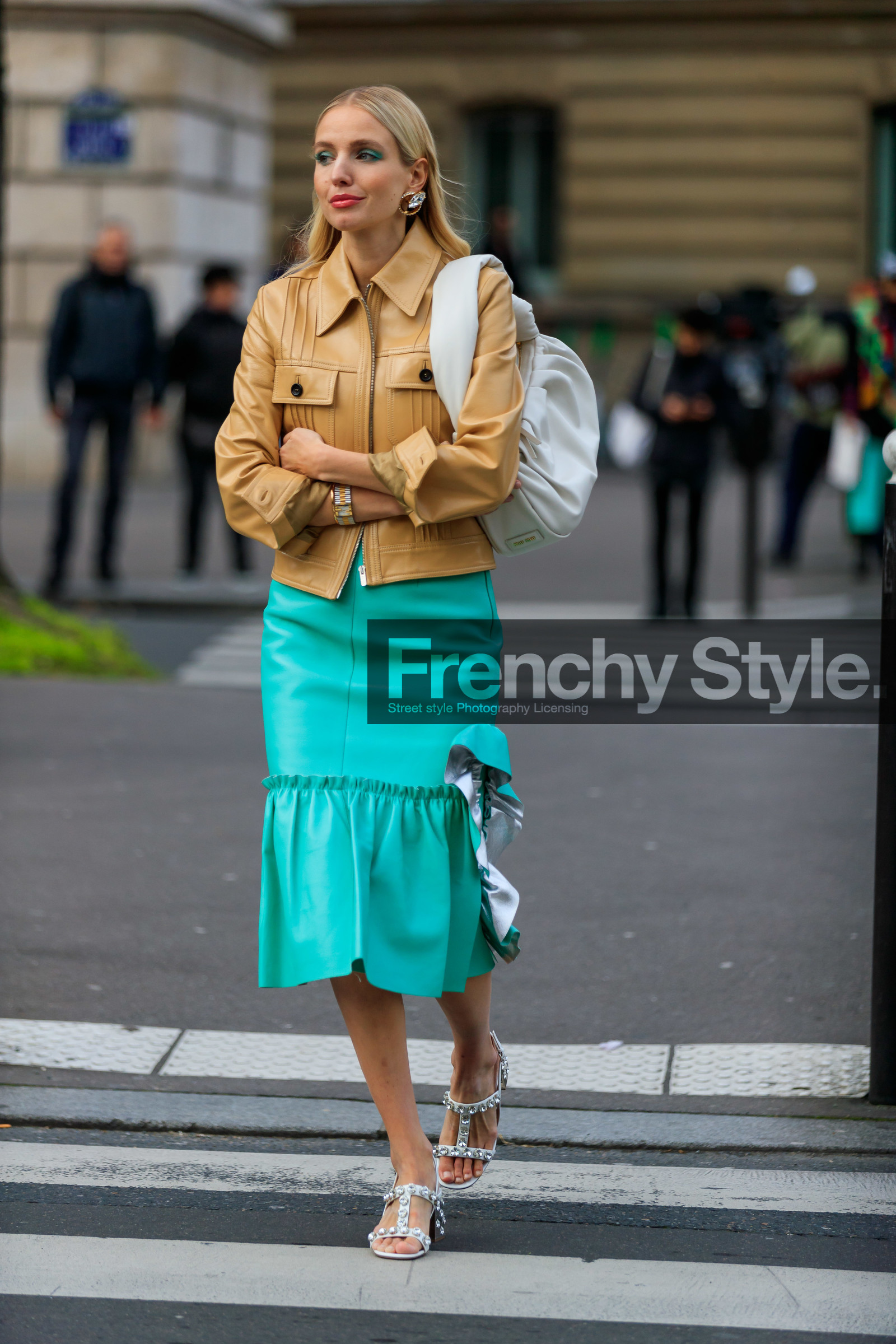 leonie hanne, green eyeshadows, green eyeliner, green earrings, green leather skirt, silvered skirt, ruffle skirt, mid long skirt, yellow leather jacket, camel leather jacket, beige leather jacket, white leather bag, shoulder bag, golden watch, silvered watch, fendi watch, golden earrings, round shape earrings, strassed earrings, strassed shoes, silvered shoes, silvered sandals, miu miu bag, miu miu jacket, miu miu look, miu miu skirt, fashion week, frenchystyle, FW, jonathan paciullo, street style, PFW, PARIS, vertical, full length