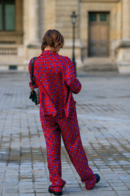 red shirt, red pants, monogrammed pants, monogrammed shirt, pyjama look, pyjama shirt, pyjama pants, monogrammed bag, louis vuitton bag, louis vuitton pants, louis vuitton shirt, louis vuitton total look, PARIS, PFW, SPRING SUMMER 2020, SS 20, fashion week, frenchystyle, FW, jonathan paciullo, street style, vertical, full length