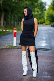 black dress, black hood, boots, courreges look, dress, headscarf, high boots, mini dress, white boots, street style, jonathan paciullo, FW, frenchystyle, fashion week, PFW, PARIS, SPRING SUMMER 2022, SS 22, vertical, full length