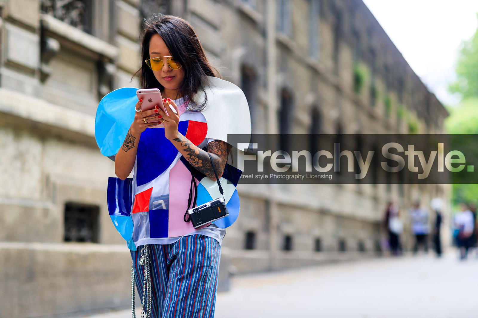 atmosphere details, blue pants, blue top, camera, christina paik, detail, fashion week, frenchystyle, FW, geometric, graphic pants, graphic top, horizontal, jonathan paciullo, junya watanabe, MENSWEAR, PARIS, patchwork, PFW, SPRING SUMMER 2018, SS 18, street style, striped pants, sunglasses, trousers