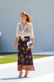 black bra, bracelet, fringes, graphic skirt, high heels, leather bag, leather shoes, nude sandals, printed skirt, see through, white shirt, fashion week, frenchystyle, FW, jonathan paciullo, street style, PFW, PARIS, vertical, full length, AUTUMN WINTER 2018-2019, FALL WINTER 2018-2019, FW 18-19, ana girardot