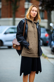 alexandra golovanoff, black parka, black skirt, black socks, brown pullover, brown hoodie, camel hoodie, camel pullover, knit hoodie, knit skirt, knitwear, mid long skirt, brown leather bag, shoulder bag, hermes bag, constance hermes bag, street style, jonathan paciullo, FW, frenchystyle, fashion week, PFW, PARIS, SPRING SUMMER 2021, SS 21, vertical, full length