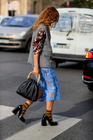lace skirt, mid long skirt, light blue skirt, yellow socks, black socks, black leather bag, black leather shoes, striped socks, mary jane shoes, high heels shoes, big heels, hand bag, wood strap bag, miu miu socks, miu miu jacket, nodaleto shoes, checked jacket, grey jacket, sleeveless jacket, houndstooth printed jacket, brown shirt, printed shirt, golden earrings, big earrings, geometric shape earring, fashion week, frenchystyle, FW, jonathan paciullo, street style, PFW, PARIS, vertical, full length