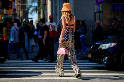 graphic skirt, printed skirt, sunglasses, animal print, blue top, graphic skirt, graphic top, orange hat, polka dot, printed skirt, printed top, snake print, fashion week, frenchystyle, FW, jonathan paciullo, street style, NEW YORK, NYFW, SPRING SUMMER 2020, SS 20, horizontal, atmosphere details, full length