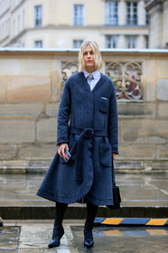 linda tol, dark grey coat, belted coat, white shirt, grey tie, striped tie, thom browne coat, thom browne look, thom browne shirt, thom browne tie, black leather boots, sharp end boots, fashion week, frenchystyle, FW, jonathan paciullo, street style, PFW, PARIS, vertical, full length