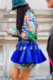 susie lau, checked hat, tulle details, greeen hat, animal print dress, animal print shirt, chopova lowena skirt, pleated skirt, blue skirt, belted shirt, green leather belt, fashion week, frenchystyle, FW, jonathan paciullo, street style, vertical, detail, atmosphere details