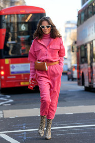 animal print, camel bag, fanny pack, grey boots, high heels, iphone, leather bag, leather shoes, pink jumpsuit, pink sweater, snake print, sunglasses, trousers, turtleneck sweater, fashion week, frenchystyle, FW, jonathan paciullo, street style, LFW, LONDON, AUTUMN WINTER 2019-2020, AW 19-20, FW 19-20, FALL WINTER 2019-2020, vertical, full length