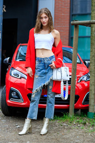 AUTUMN WINTER 2017-2018, AW 17-18, blue denim, cropped top, denim pants, denim skirt, FALL WINTER 2017-2018, fashion week, frenchystyle, full length, FW, FW 17-18, golden boots, grace bol, grace elizabeth, high heels, jeans, jonathan paciullo, leather bag, leather shoes, MFW, michael kors, MILAN, model, natural, red cardigan, shiny boots, skincare, street style, trousers, vertical, white bag, white tank top