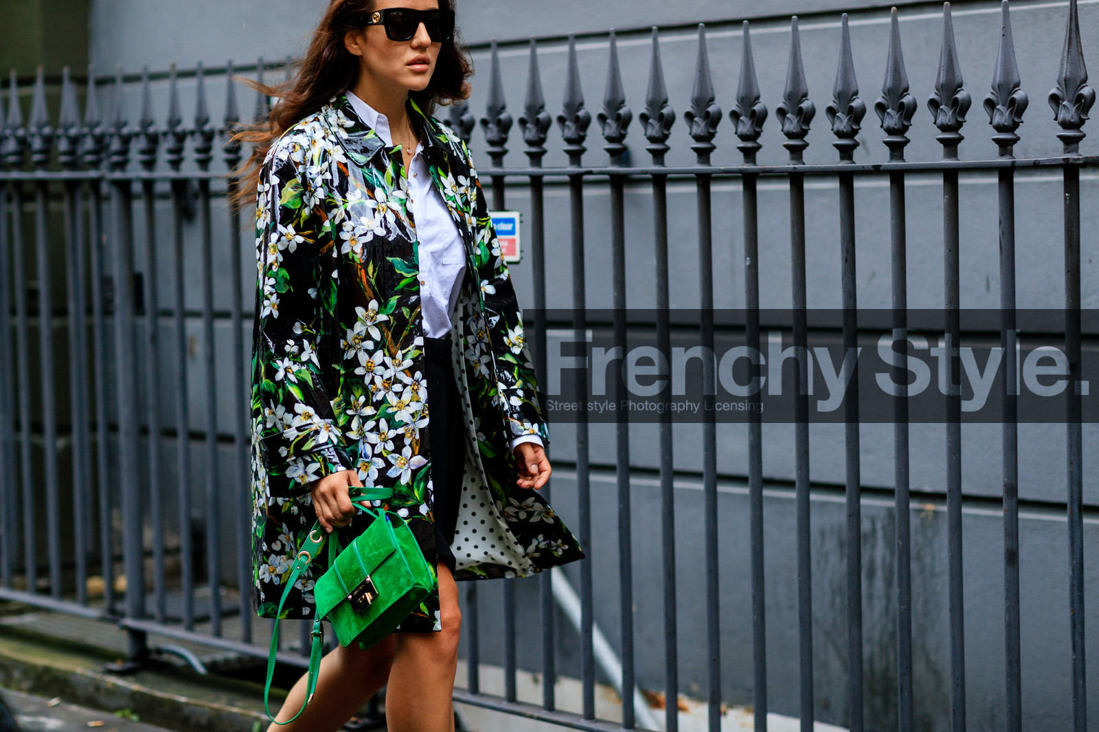 atmosphere details, black skirt, detail, fashion week, floral, flower, frenchystyle, FW, green bag, green coat, green jacket, horizontal, jimmy choo, jonathan paciullo, LFW, LONDON, printed coat, printed jacket, SPRING SUMMER 2017, SS 17, street style, suede bag, sunglasses, tamara kalinic, white shirt, woman