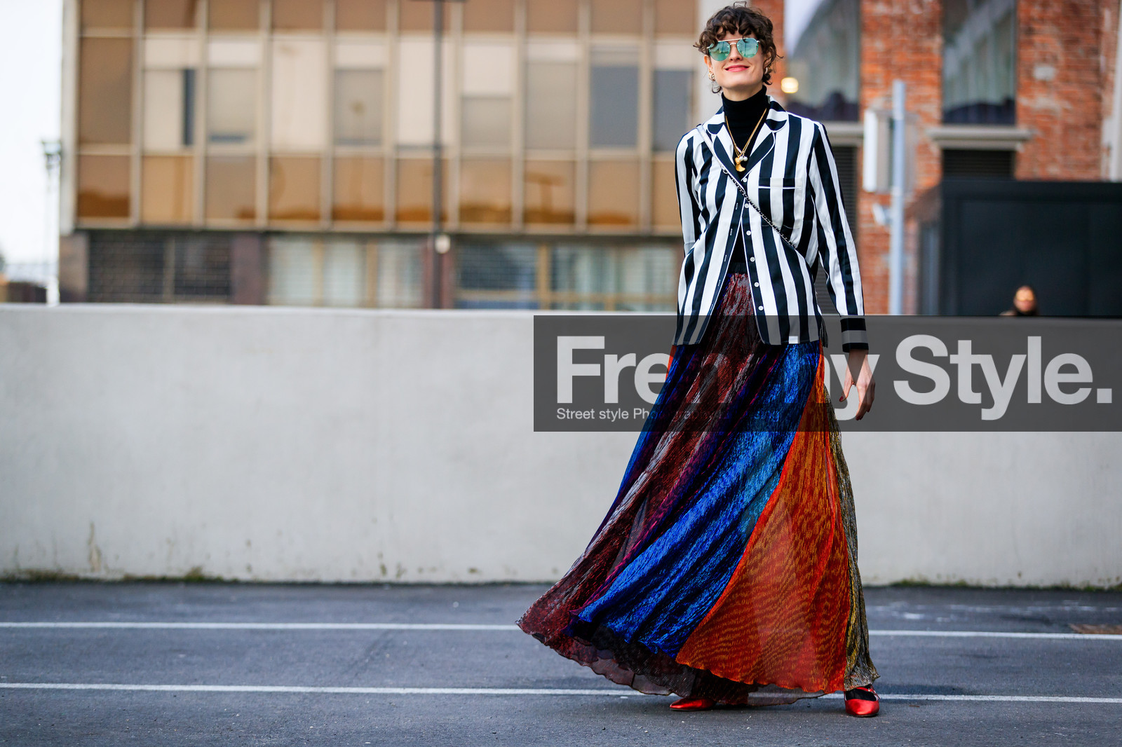 black and white, graphic jacket, graphic skirt, high heels, leather shoes, multicolor skirt, printed jacket, printed skirt, red shoes, striped jacket, sunglasses, fashion week, frenchystyle, FW, jonathan paciullo, street style, MFW, MILAN, AUTUMN WINTER 2018-2019, FALL WINTER 2018-2019, FW 18-19, horizontal, atmosphere details, full length, chloe hill