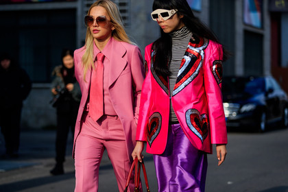 blazer, fun sunglasses, glitter, graphic jacket, gucci, pink jacket, pink pants, pink shirt, pink suit, pink tie, printed jacket, purple pants, striped top, sunglasses, tone on tone, total look pink, trousers, turtleneck sweater, fashion week, frenchystyle, FW, jonathan paciullo, street style, MFW, MILAN, AUTUMN WINTER 2018-2019, FALL WINTER 2018-2019, FW 18-19, horizontal, atmosphere details, tina leung, susie lau