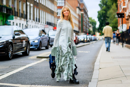 atmosphere details, black bag, black shoes, fashion week, frenchystyle, full length, FW, graphic dress, green dress, horizontal, jeanette madsen, jonathan paciullo, jw anderson, leather bag, leather shoes, LFW, LONDON, printed dress, ruffles, SPRING SUMMER 2018, SS 18, street style, striped dress, tie & die, white dress