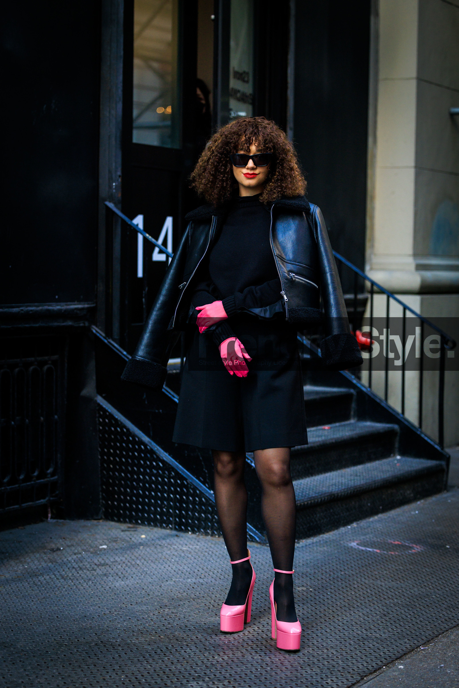 pink gloves, pink platform heels, silk pumps, black full look, black biker jacket, leather biker jacket, mini black dress, black sunglasses, Lena Mahfouf, fashion week, frenchystyle, FW, jonathan paciullo, street style, NYFW, NEW YORK, AUTUMN WINTER 2022-2023, FALL WINTER 2022_2023, FW 22-23, vertical, full length