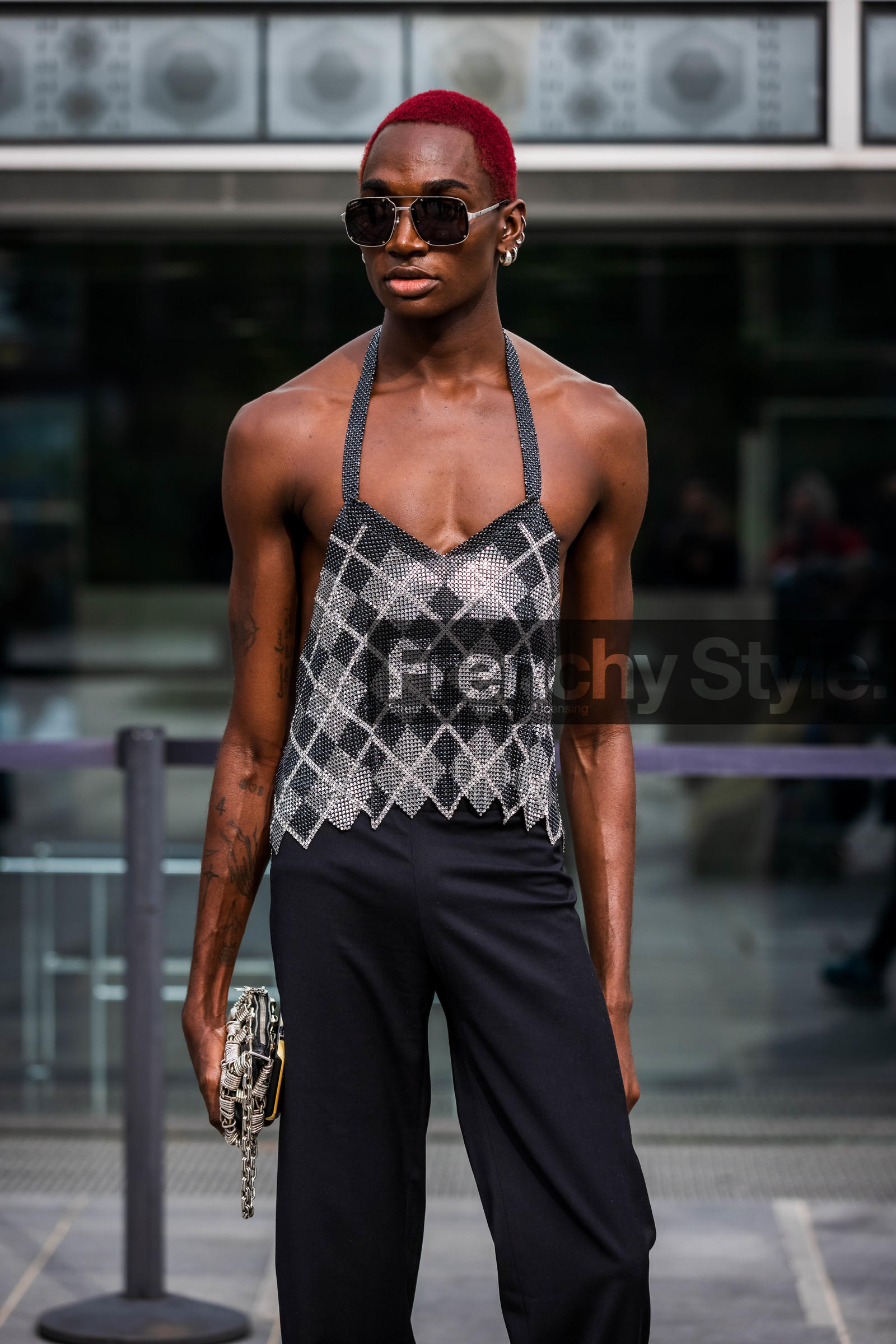 aviator sunglasses, bag, black pants, check, checked top, earrings, menswear, pants, printed top, Rickey Thompson, statement bag, strass, strassed top, sunglasses, tattoo, fashion week, frenchystyle, FW, jonathan paciullo, street style, PFW, PARIS, SPRING SUMMER 2022, SS 22, vertical, atmosphere details