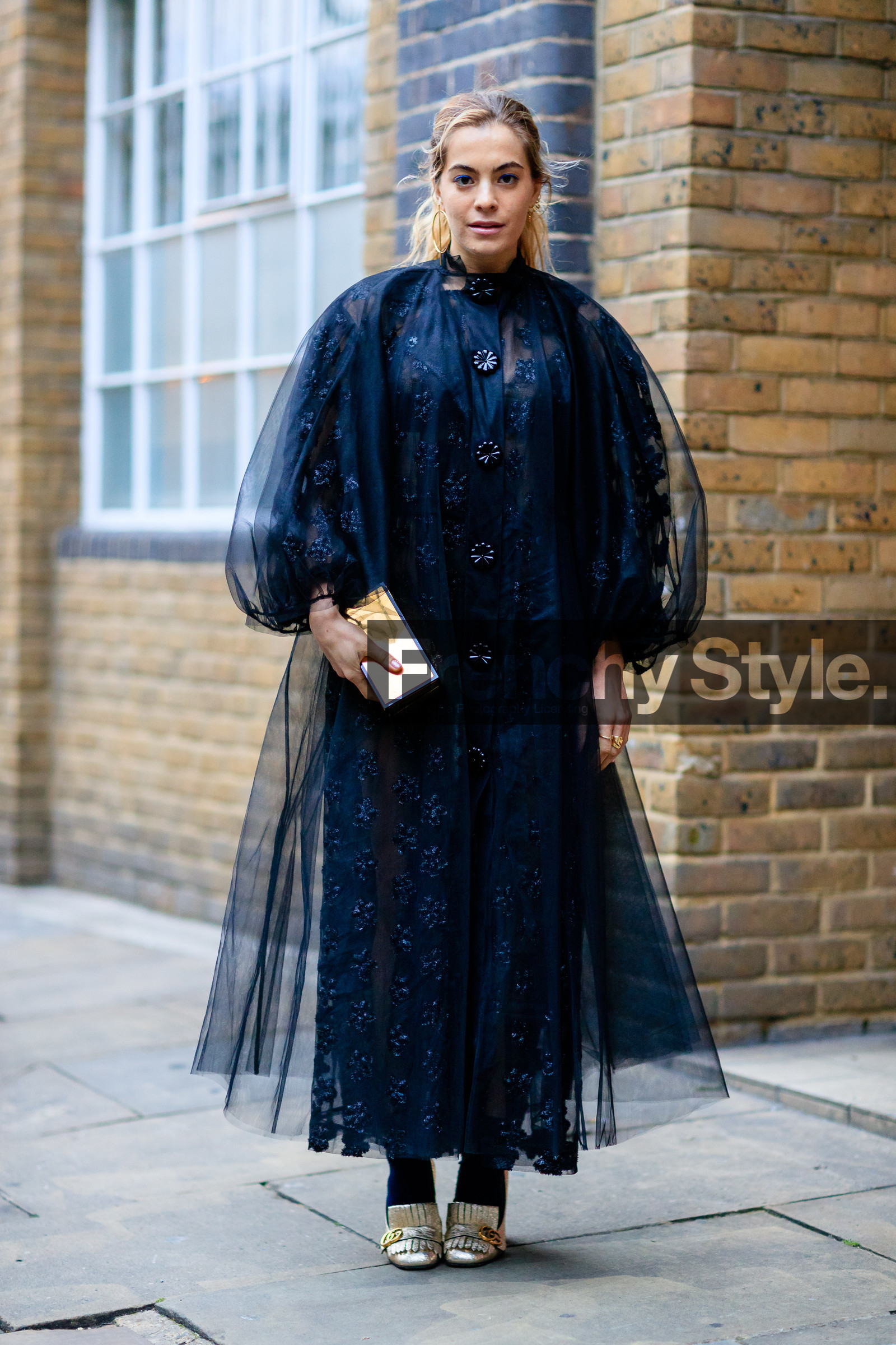 black coat, black dress, chelsea leyland, embroideries, fashion week, flower, frenchystyle, full length, FW, golden shoes, gucci, jonathan paciullo, leather shoes, LFW, LONDON, SPRING SUMMER 2017, SS 17, street style, tulle, vertical, woman