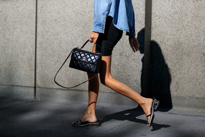 black bag, black shoes, black shorts, blue denim, chanel, chanel handbag, denim shirt, graphic shoes, leather bag, leather shoes, printed shoes, transparent shoes, fashion week, frenchystyle, FW, jonathan paciullo, street style, NEW YORK, NYFW, SPRING SUMMER 2020, SS 20, horizontal, atmosphere details, detail