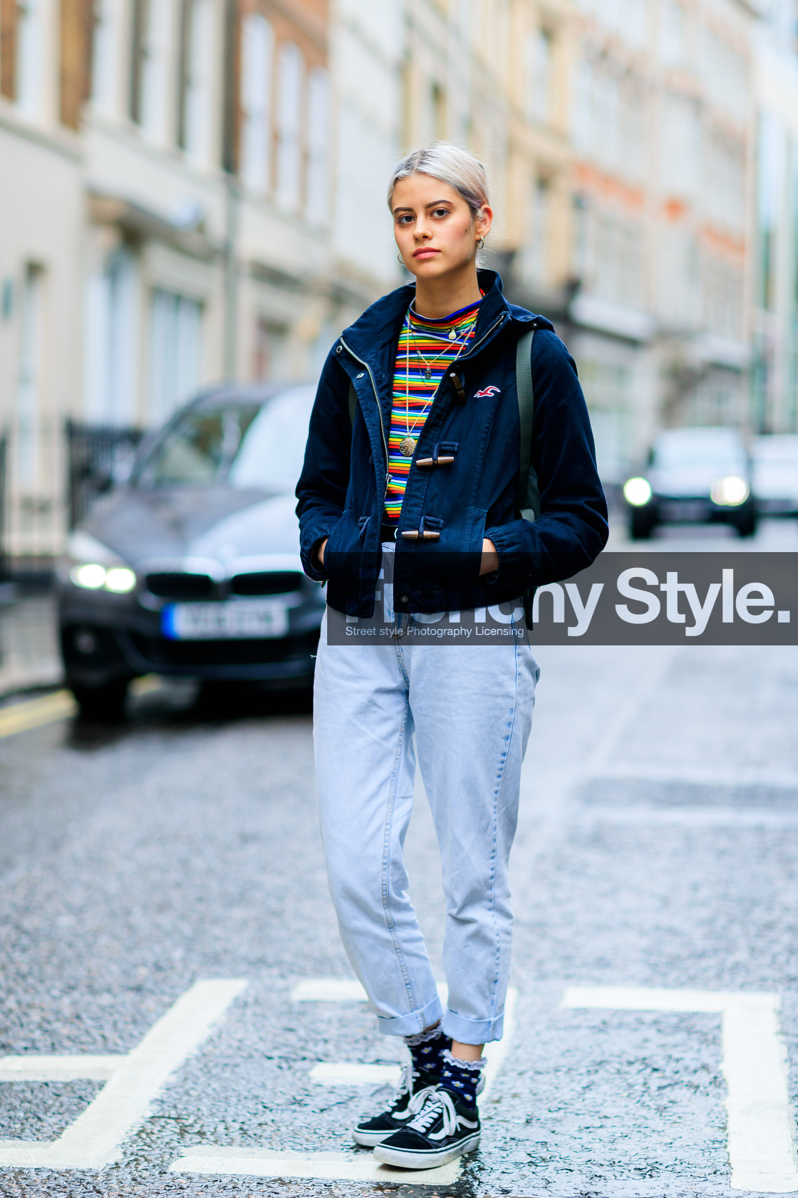 black sneakers, blue denim, denim pants, dyed hair, fashion week, frenchystyle, full length, FW, jeans, jonathan paciullo, LFW, LONDON, navy jacket, parka, SPRING SUMMER 2017, SS 17, street style, striped top, trousers, vans, vertical, woman