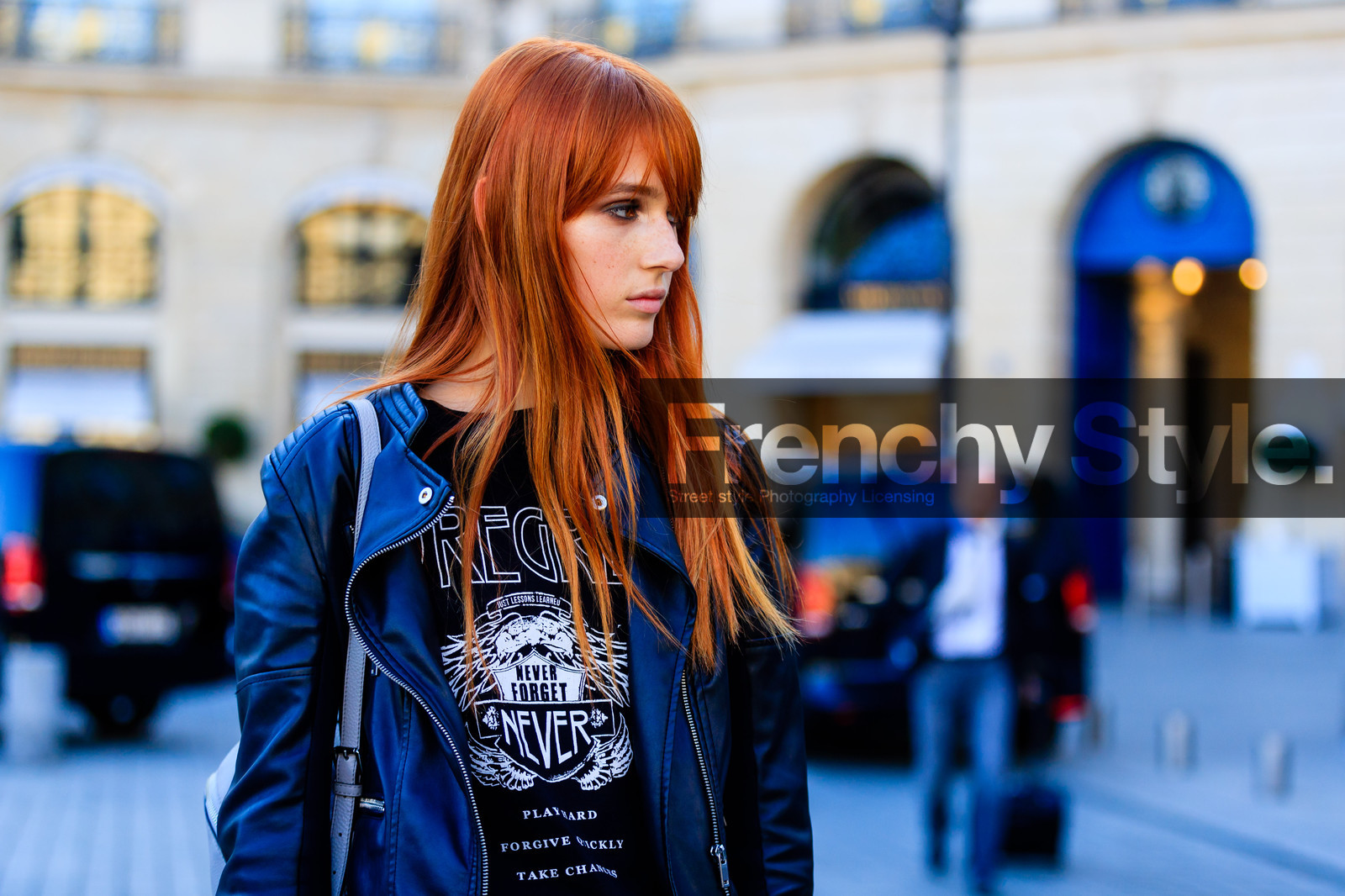 atmosphere details, black jacket, black perfecto, black t shirt, detail, fashion week, frenchystyle, FW, horizontal, jonathan paciullo, leather jacket, leather perfecto, model, PARIS, PFW, printed t shirt, red head, SPRING SUMMER 2017, SS 17, street style