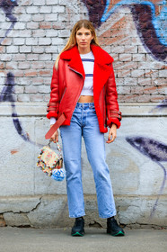 AUTUMN WINTER 2017-2018, AW 17-18, beige bag, black sneakers, blue denim, cropped top, denim pants, FALL WINTER 2017-2018, fashion week, fendi, floral, flower, frenchystyle, full length, FW, FW 17-18, graphic sweater, jeans, jonathan paciullo, leather bag, leather jacket, leather shoes, MFW, MILAN, printed bag, red jacket, street style, striped sweater, trousers, veronika heilbrunner, vertical, white sweater