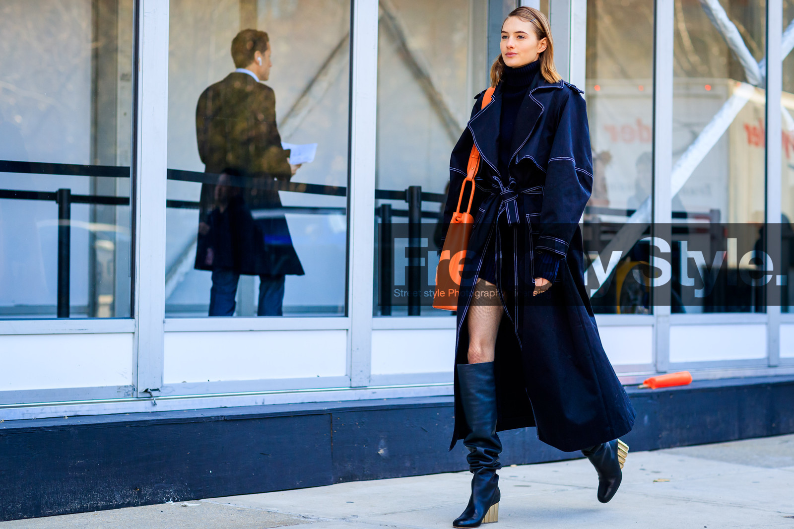 black jacket, blue pants, checked, corduroy, dyed hair, leather jacket, leather shoes, patchwork, pink hair, plaid, shiny shoes, silver shoes, trousers, street style, jonathan paciullo, FW, frenchystyle, fashion week, NYFW, NEW YORK, AUTUMN WINTER 2018-2019, AW 18-19, FALL WINTER 2018-2019, FW 18-19, atmosphere details, horizontal, full length, model