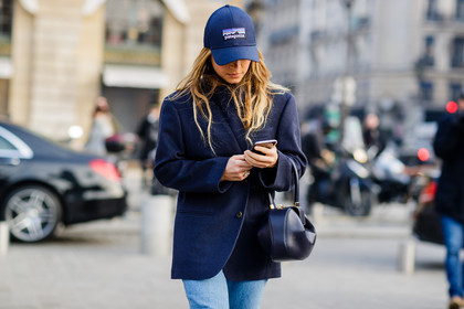 black bag, blazer, blue denim, blue jacket, cap, denim pants, jeans, leather bag, navy jacket, patagonia, trousers, fashion week, frenchystyle, FW, jonathan paciullo, street style, PFW, PARIS, SPRING SUMMER 2017, SS 17, HAUTE COUTURE, atmosphere details, detail, horizontal, mira duma, miroslava duma