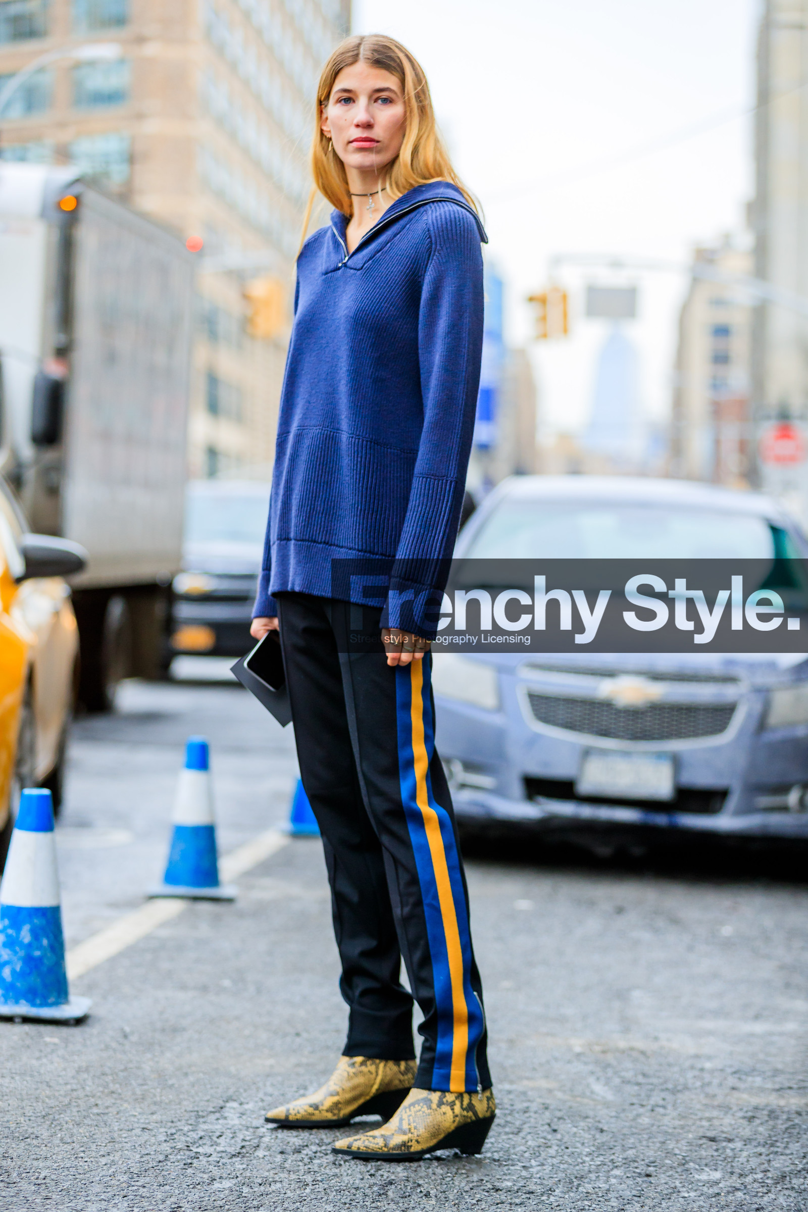 AUTUMN WINTER 2017-2018, AW 17-18, black pants, blue sweater, cowboy boots, FALL WINTER 2017-2018, fashion week, frenchystyle, full length, FW, FW 17-18, high heels, jonathan paciullo, NEW YORK, NYFW, snake print, street style, striped pants, trousers, veronika heilbrunner, vertical