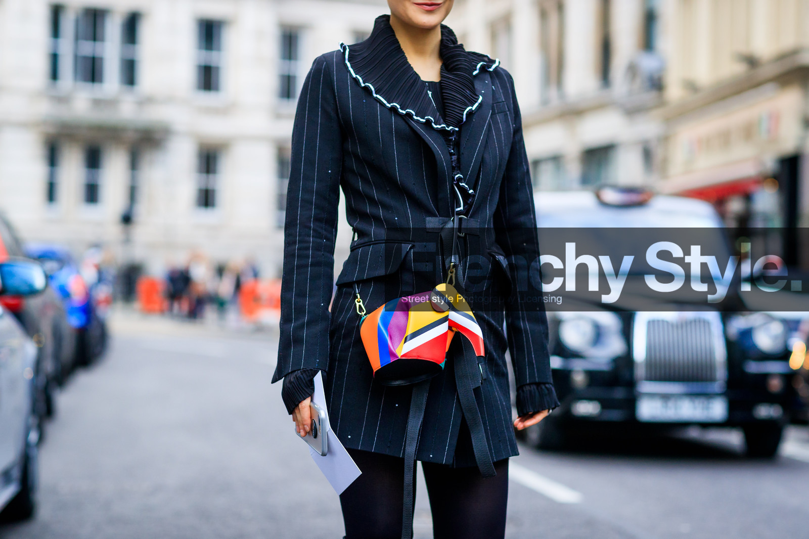 atmosphere details, AUTUMN WINTER 2017-2018, AW 17-18, black jacket, blazer, detail, elephants, FALL WINTER 2017-2018, fashion week, frenchystyle, FW, FW 17-18, graphic bag, horizontal, jonathan paciullo, leather bag, LFW, loewe, LONDON, multicolor bag, printed bag, street style, striped jacket, trousers