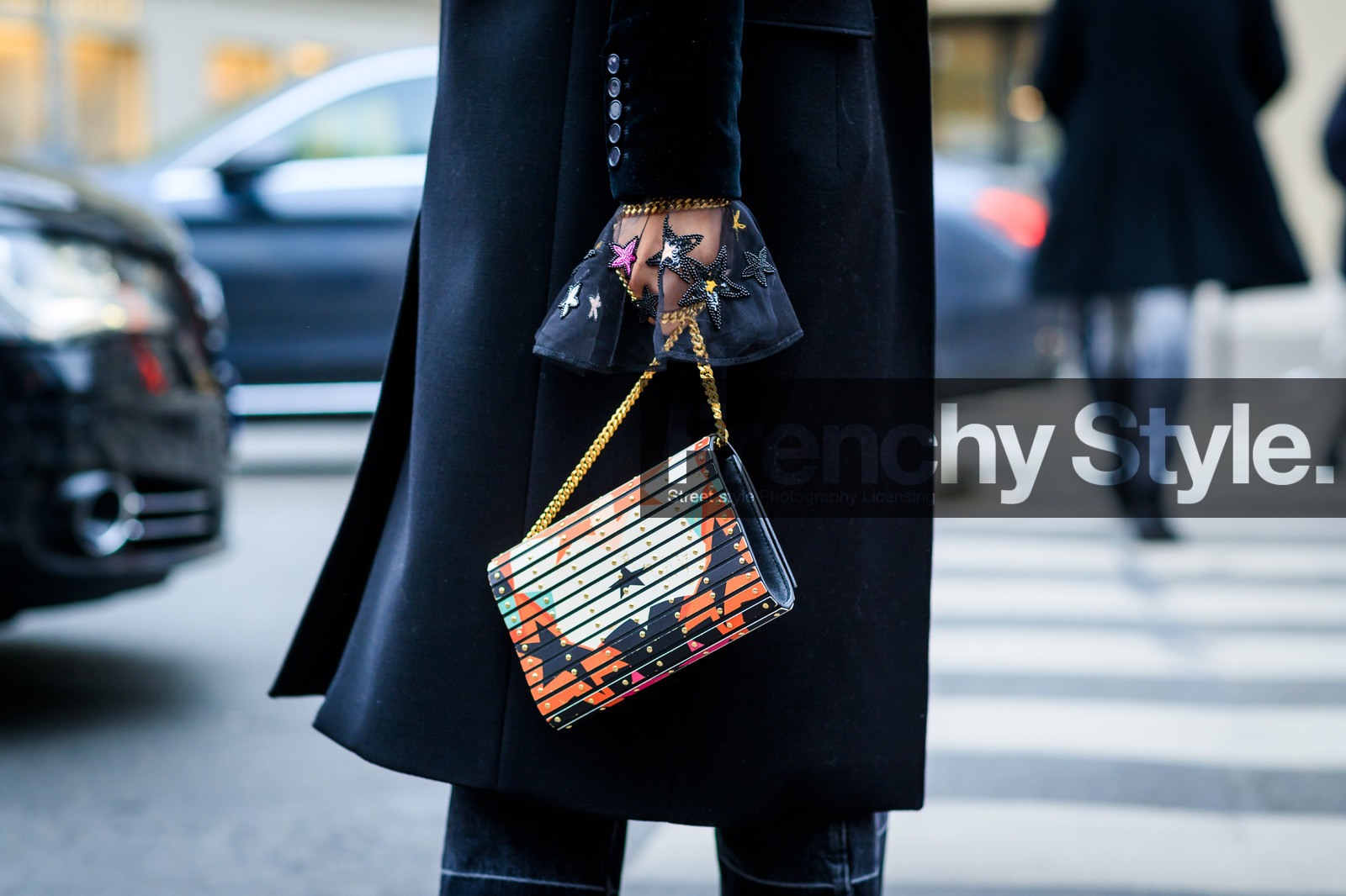 black coat, black shirt, black shoes, denim pants, embroidered shirt, high heels, jeans, jimmy choo, leather bag, leather shoes, multicolor bag, printed bag, sequined shirt, stars, striped bag, sunglasses, trousers, velvet, fashion week, frenchystyle, FW, jonathan paciullo, street style, PFW, PARIS, SPRING SUMMER 2017, SS 17, HAUTE COUTURE, atmosphere details, detail, horizontal, Chriselle Lim