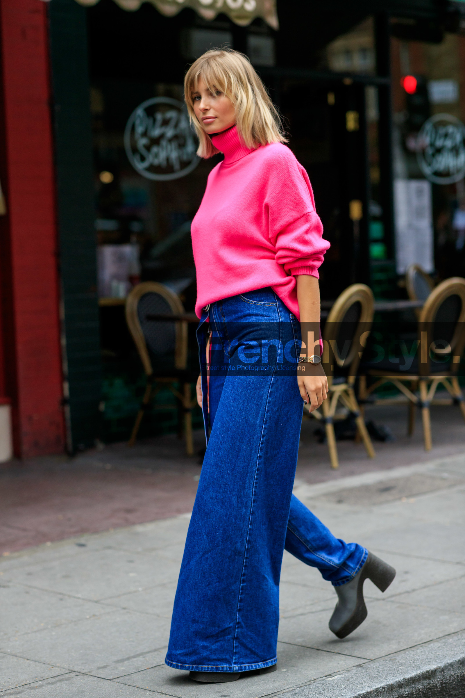 pink pullover, turtleneck pullover, blue jeans, denim, flare jeans, loose jeans, fashion week, frenchystyle, FW, jonathan paciullo, street style, vertical, full length