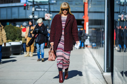 atmosphere details, AUTUMN WINTER 2016-2017, AW 16-17, fashion week, frenchystyle, full length, FW, FW 16-17, graphic dress, horizontal, jonathan paciullo, leather bag, leather boots, long dress, NEW YORK, NYFW, pink bag, pink dress, polo dress, printed dress, red boots, red coat, red dress, street style, striped dress, stripes, sunglasses, tanya taylor, transparent heel, woman