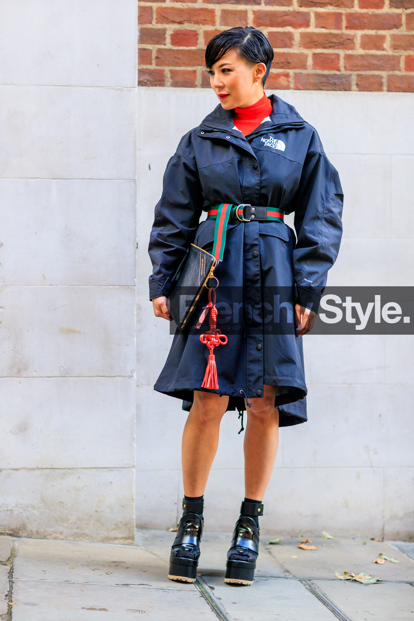 balenciaga, black bag, black clutch, black coat, black jacket, black shoes, blazer, fashion week, frenchystyle, full length, FW, high heels, jonathan paciullo, leather bag, leather shoes, LFW, LONDON, north face, parka, red sweater, SPRING SUMMER 2018, SS 18, street style, vertical