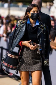 bag, black bag, black jumper, black knitwear, black perfecto, blue shirt, bracelet, embroidered perfecto, embroidery, facial mask, grey skirt, knitwear, leather bag, leather jacket, mini skirt, perfecto, printed bag, skirt, street style, jonathan paciullo, FW, frenchystyle, fashion week, PFW, PARIS, SPRING SUMMER 2022, SS 22, vertical, atmosphere details