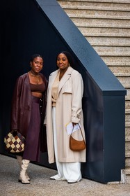 bag, beige boots, beige knit, beige trench, boots, bra, brown bra, burgundy coat, burgundy skirt, camel bag, coat, duo, flare pants, Jessica Willis, leather bag, leather coat, Lindsay Peoples Wagner, multicolor bag, pants, pleated skirt, skirt, trench, white pants, fashion week, frenchystyle, FW, jonathan paciullo, street style, PFW, PARIS, SPRING SUMMER 2022, SS 22, vertical, full length