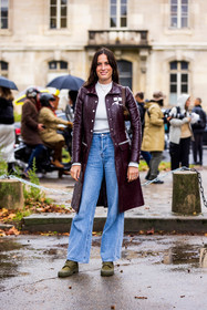 Astrid Boutrot, blue denim, blue jean, boots, burgundy coat, coat, courreges coat, denim, flare denim, flare jean, flare pants, gucci bag, jean, khaki boots, lace-up boots, leather coat, ribbed top, white top, fashion week, frenchystyle, FW, jonathan paciullo, street style, PFW, PARIS, SPRING SUMMER 2022, SS 22, vertical, full length