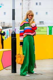 graphic sweater, green pants, jeanette madsen, leather bag, leather shoes, multicolor sweater, printed scarf, printed sweater, striped sweater, sunglasses, trousers, white shoes, yellow bag, street style, jonathan paciullo, FW, frenchystyle, fashion week, LFW, LONDON, AUTUMN WINTER 2019-2020, AW 19-20, FW 19-20, FALL WINTER 2019-2020, vertical, full length