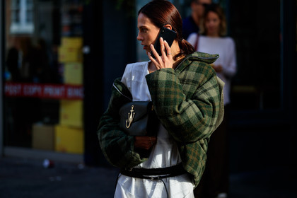 aymeline valade, black belt, checked, graphic jacket, green bag, green jacket, jw anderson, leather bag, leather belt, model, plaid, printed jacket, tartan, white dress, fashion week, frenchystyle, FW, jonathan paciullo, street style, LFW, LONDON, SPRING SUMMER 2019, SS 19, atmosphere details, horizontal, detail