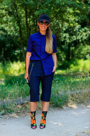 balenciaga, black cap, blue pants, blue shirt, chains, fashion week, floral, flower, frenchystyle, full length, FW, high heels, jonathan paciullo, leather shoes, MENSWEAR, PARIS, PFW, plaid, printed boots, printed pants, SPRING SUMMER 2018, SS 18, street style, sunglasses, tartan, trousers, tucked in, vertical