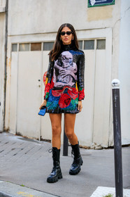 alessandra ambrosio, valentino dress, valentino look, mini dress, long sleeves dress, sequins dress, black dress, floral embroidered dress, floral printed dress, valentino sunglasses, butterfly sunglasses, studs sunglasses, black leather boots, big sole boots, laced boots, PARIS, PFW, SPRING SUMMER 2020, SS 20, fashion week, frenchystyle, FW, jonathan paciullo, street style, vertical, full length