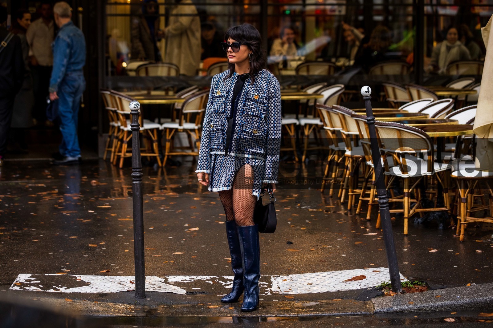 bag, black bag, black boots, blue jacket, blue skirt, boots, earrings, high boots, jacket, leather bag, leather boots, Maria Bernad, silver earrings, skirt, tight, tweed jacket, tweed skirt, fashion week, frenchystyle, FW, jonathan paciullo, street style, PFW, PARIS, SPRING SUMMER 2022, SS 22, atmosphere details, full length, horizontal