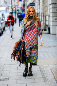 black bag, black shoes, blanca miro scrimieri, camel bag, checked, fringes, graphic bag, graphic dress, knit dress, leather bag, leather shoes, plaid, printed bag, printed dress, red dress, street style, jonathan paciullo, FW, frenchystyle, fashion week, LFW, LONDON, AUTUMN WINTER 2019-2020, AW 19-20, FW 19-20, FALL WINTER 2019-2020, vertical, full length