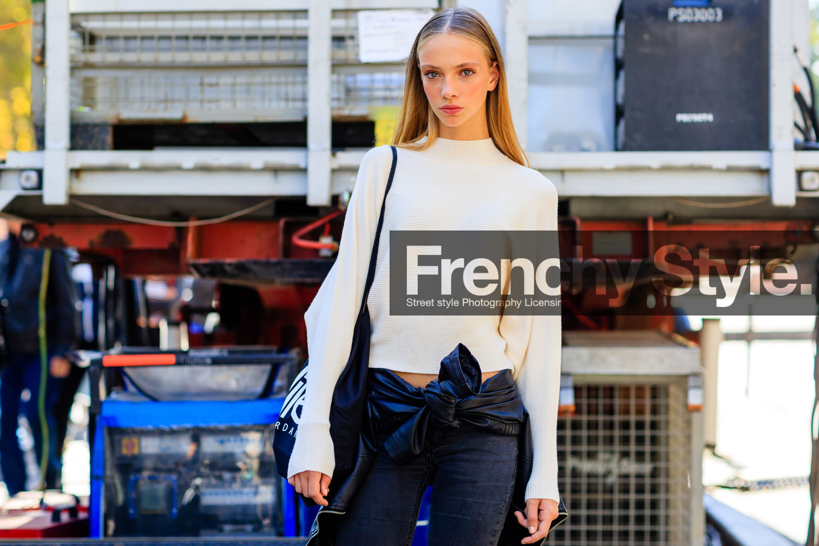 atmosphere details, black and white, black bag, black denim, black jacket, denim pants, detail, fashion week, frenchystyle, FW, horizontal, jeans, jonathan paciullo, leather jacket, long hair, model, natural, PARIS, PFW, skincare, SPRING SUMMER 2017, SS 17, street style, tote bag, trousers, white sweater