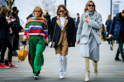 alexa chung, beige boots, black and white bag, black jacket, blazer, camel jacket, camel pants, camel suit, camille charriere, chloe loulou de saison, earrings, graphic sweater, green pants, grey jacket, grey skirt, headband, high boots, high heels, leather bag, leather shoes, multicolor sweater, necklace, oversize, prada, printed scarf, printed sweater, striped sweater, sunglasses, trousers, white bag, white boots, yellow bag, street style, jonathan paciullo, FW, frenchystyle, fashion week, LFW, LONDON, AUTUMN WINTER 2019-2020, AW 19-20, FW 19-20, FALL WINTER 2019-2020, horizontal, atmosphere details, full length