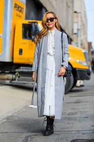 AUTUMN WINTER 2016-2017, AW 16-17, black bag, black boots, dani song, FALL WINTER 2016-2017, fashion week, frenchystyle, full length, FW, FW 16-17, grey coat, jonathan paciullo, lace dress, leather bag, leather boots, long coat, NEW YORK, NYFW, proenza schouler, silk dress, silver bracelet, street style, sunglasses, tiffany, vertical, white dress, woman